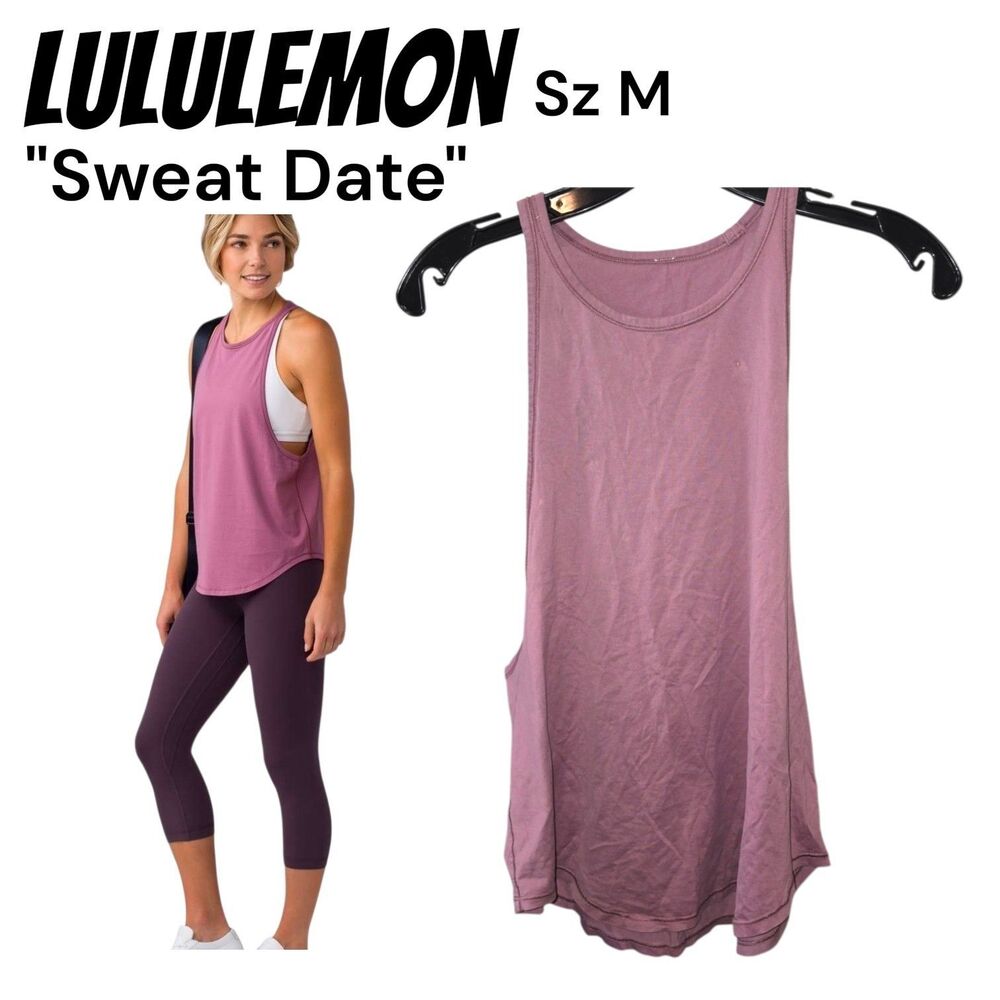 Lululemon Sz M Sweat Date Rose Pink Singlet Muscle Relaxed Logo Yoga Tank Top